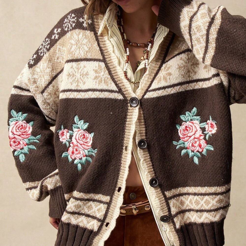 Mocha Brown Boho Women's Floral Embroidered Knit Jacquard Sweater Cardigan - Picture 7 of 8
